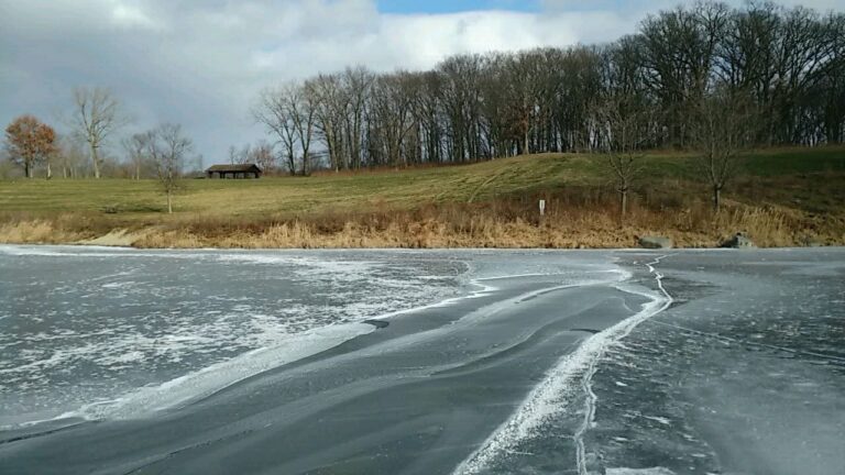 A wintry road curving past a frozen wetland.